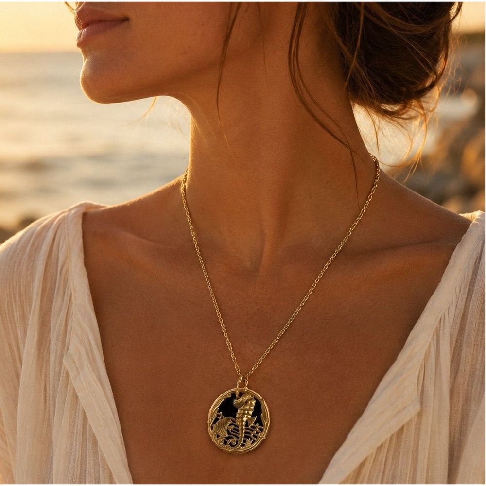 Vintage Gold Seahorse Pendant Necklace Black Lucite Medallion Ocean Coastal 24"
